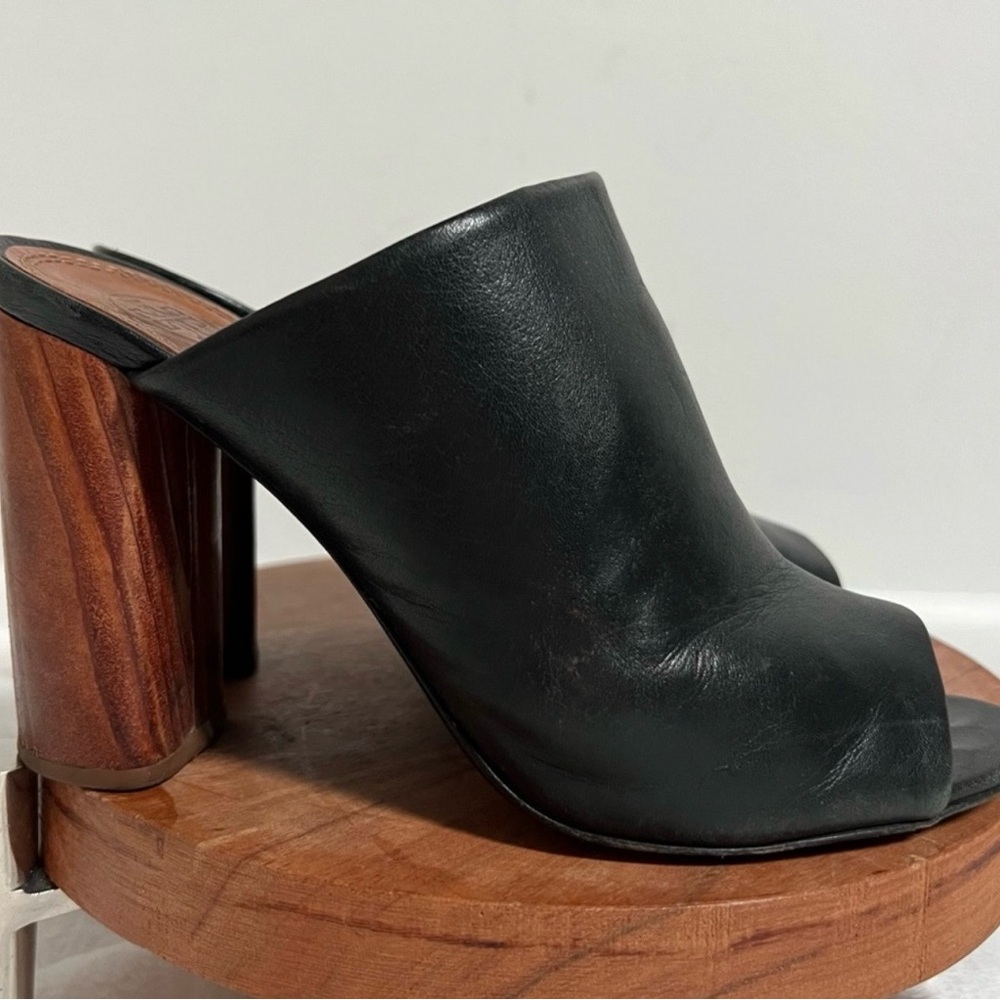 Tory Burch Black Leather Wedges with Wooden Heel